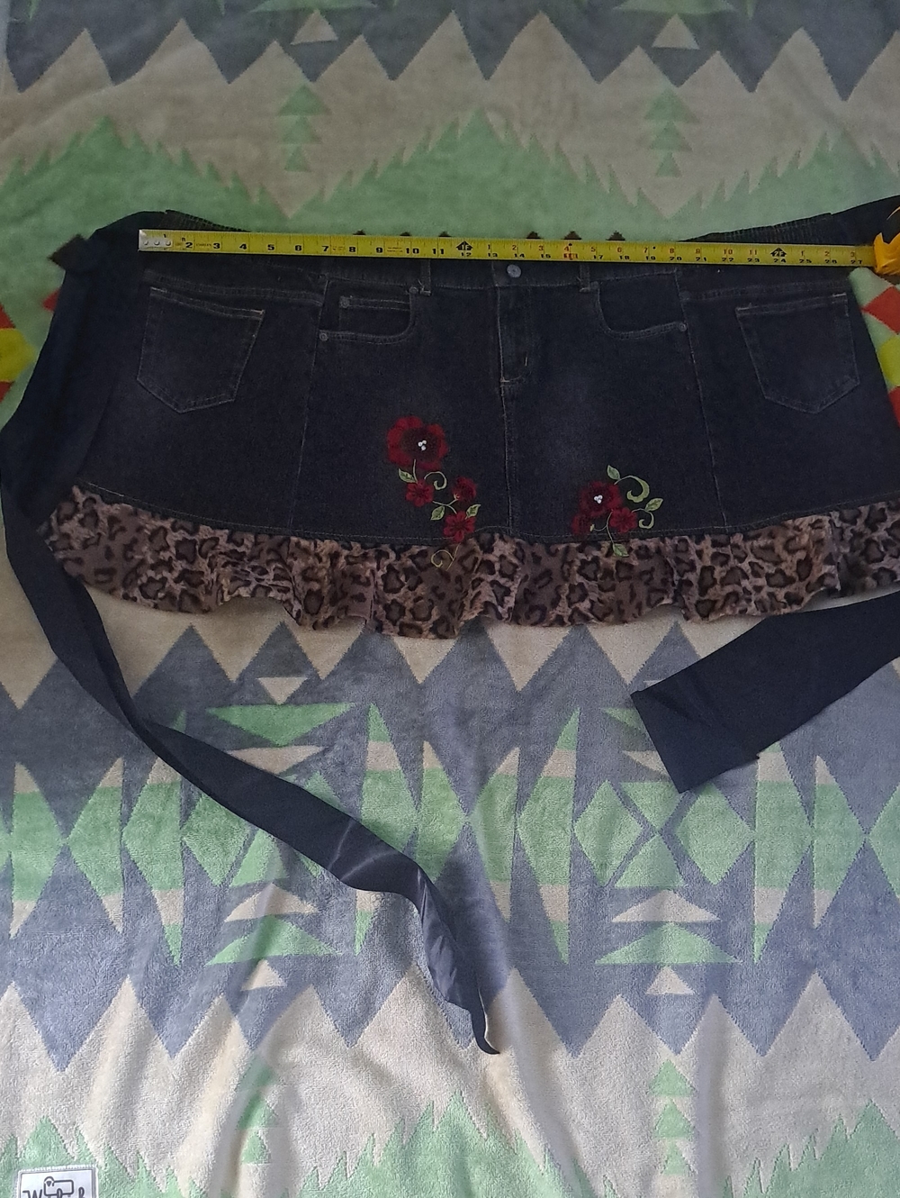 Dark Denim Mini Apron Skirt with Leopard Ruffle and Embroidered Flowers